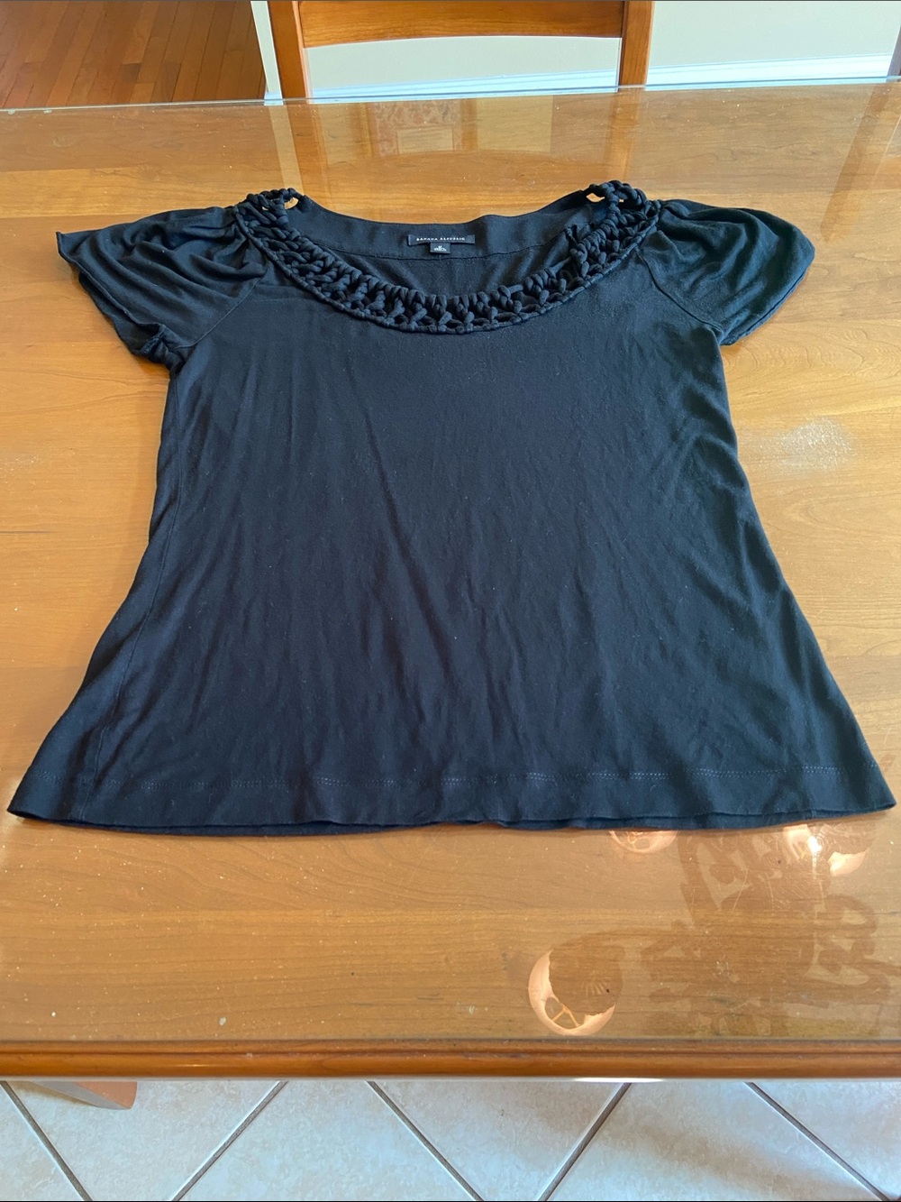 Banana Republic Black Short Sleeve Knit Tee with Braided Scoop Neckline. Size M